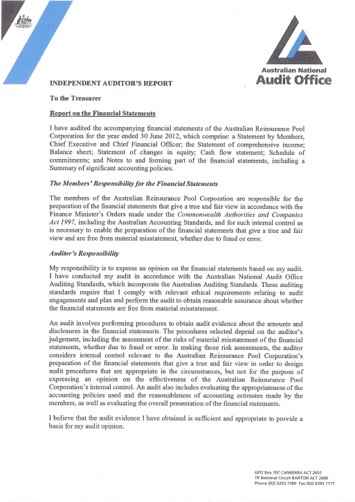 Independent Auditor's Report from the Australian National Audit Office